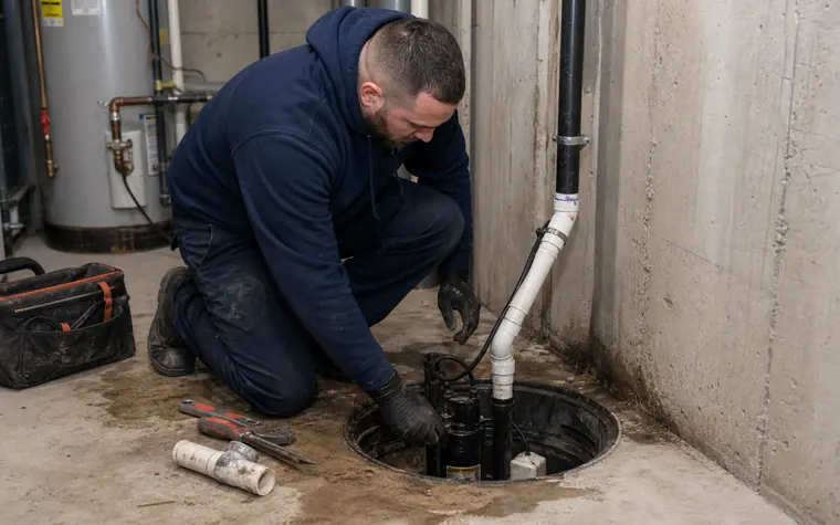 Technician working on a basement sump pump and drainage system